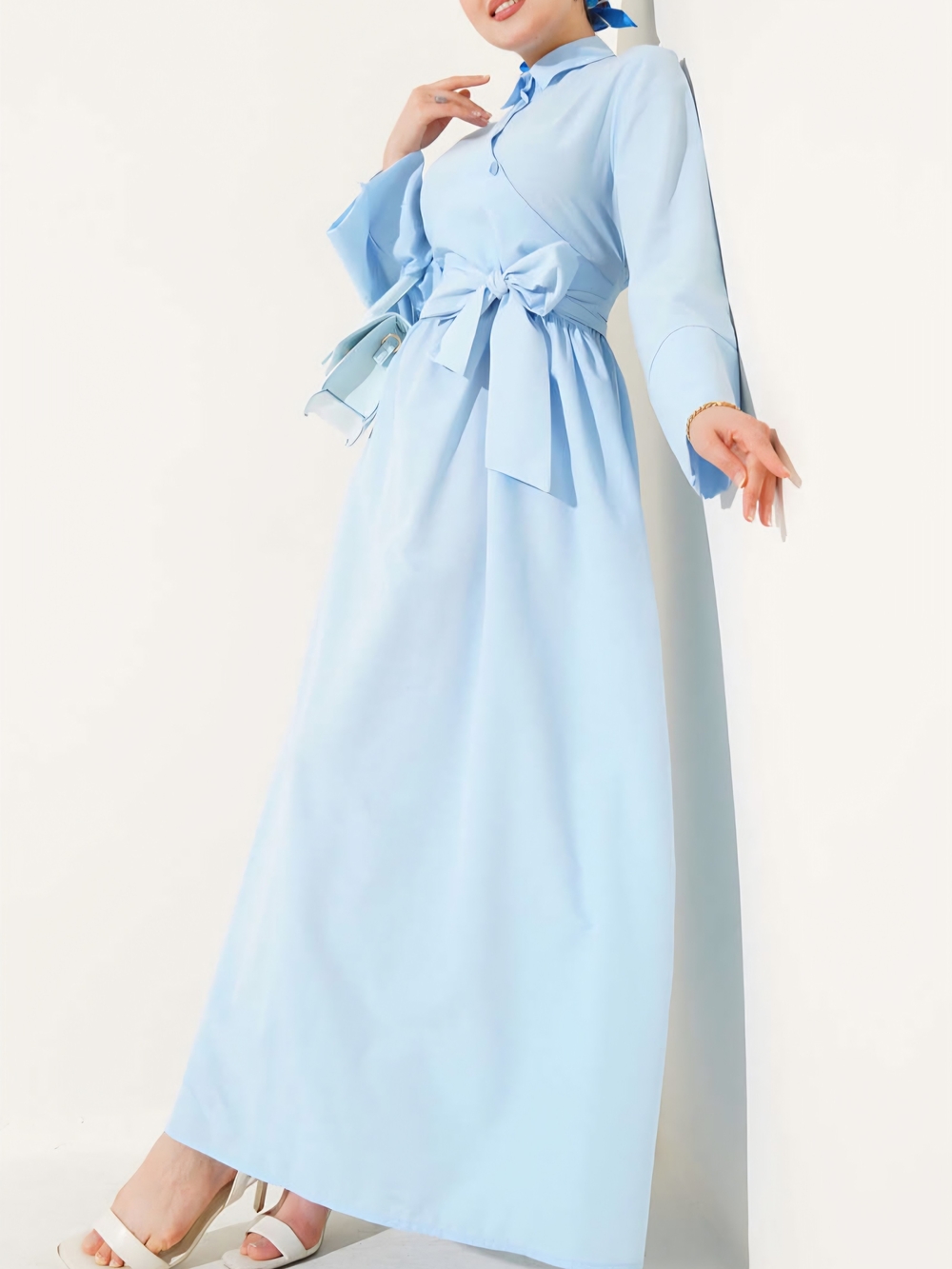 Baby Blue Side-Tied Wrap Dress Cross Button Belted Modest